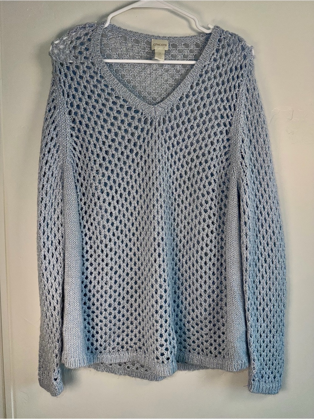 Chico’s Blue Open Knit Metallic Sweater Size 3 Large Crochet
